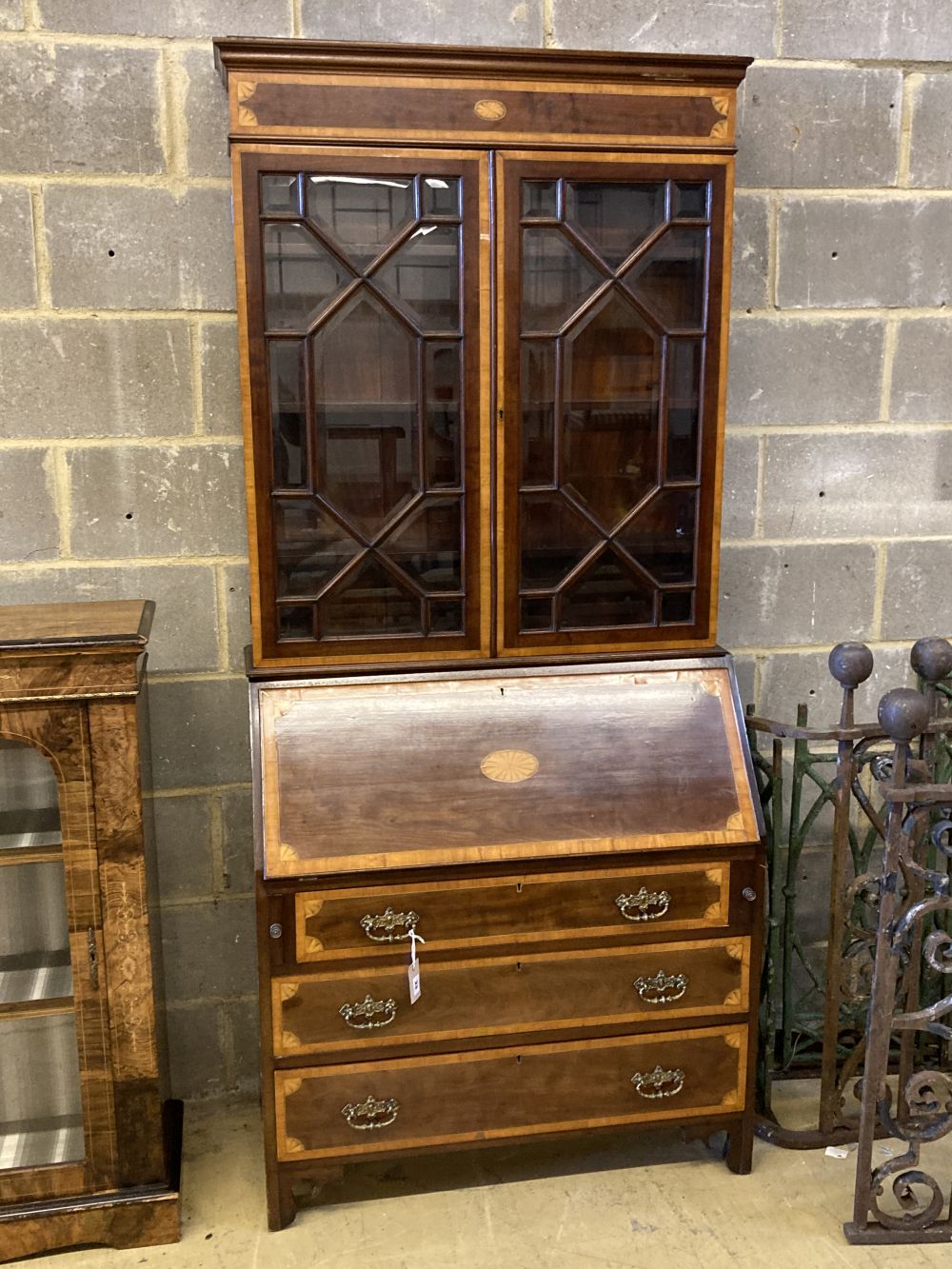 An Edwardian satinwood banded and inlaid mahogany bureau bookcase, width 92cm, depth 44cm, height 202cm